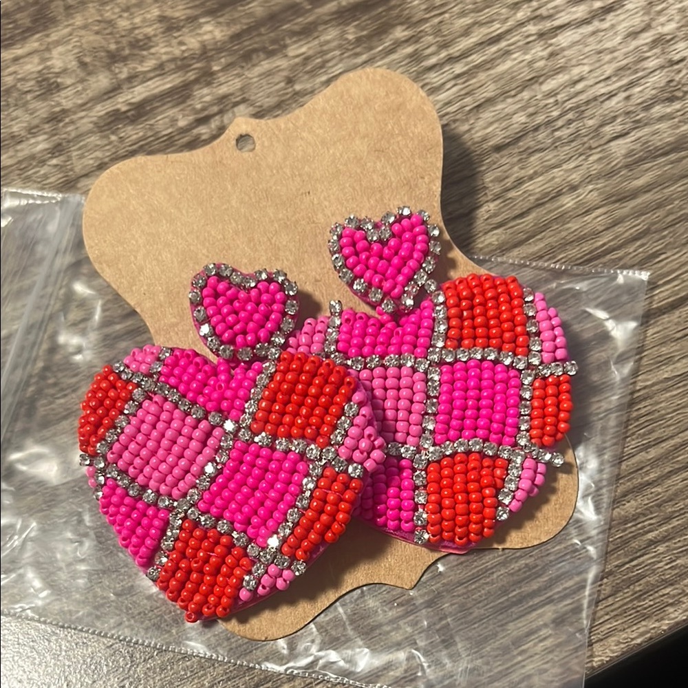 Pink and Red Beaded Heart Earrings